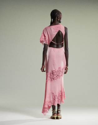 ASOS DESIGN flutter sleeve midi dress with lace detail in pink
