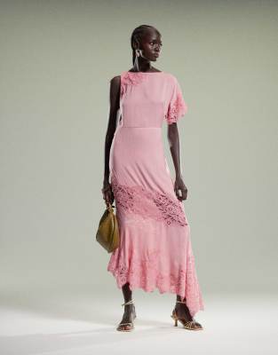 ASOS DESIGN flutter sleeve midi dress with lace detail in pink