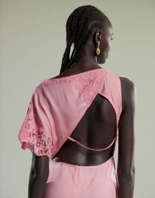 ASOS DESIGN flutter sleeve midi dress with lace detail in pink
