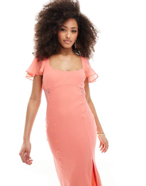 ASOS Design Flutter Sleeve Midi Dress with Lace Insert in coral Multi