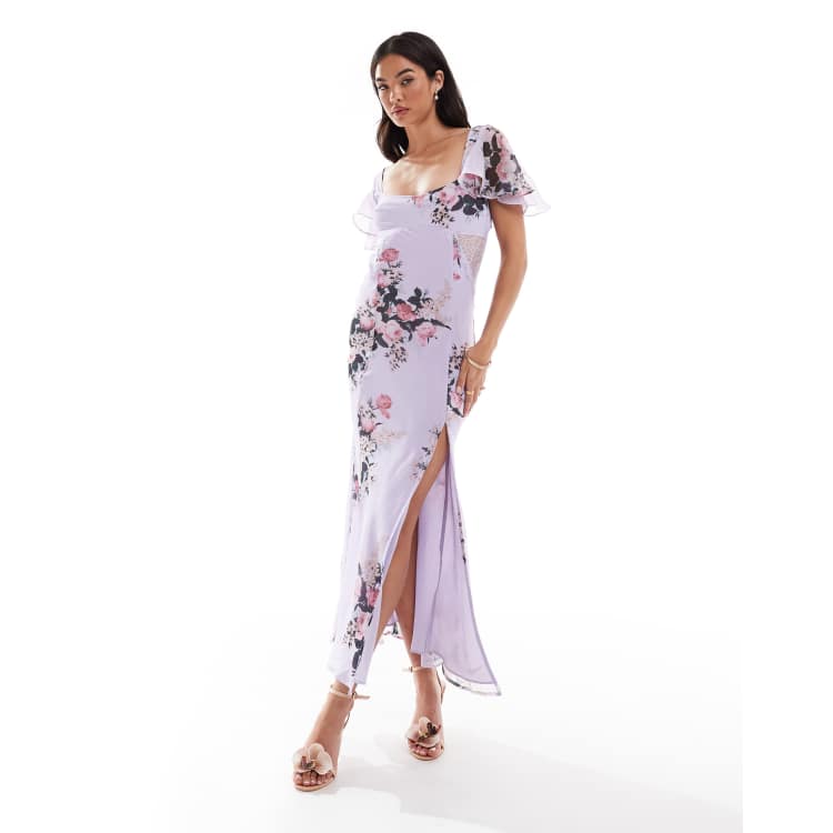 Asos design pleated panelled flutter sleeve maxi dress with lace inserts hotsell