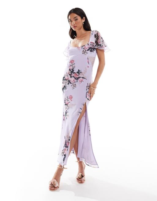 ASOS DESIGN flutter sleeve midi dress with lace insert in lilac floral print