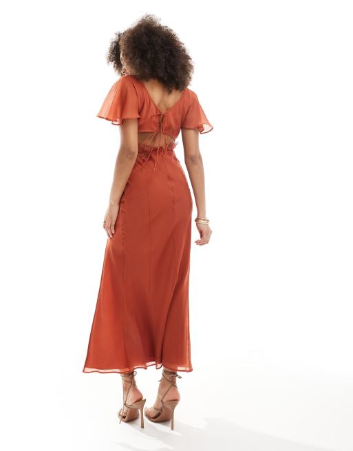 ASOS DESIGN flutter sleeve midi dress with lace insert in rust ASOS