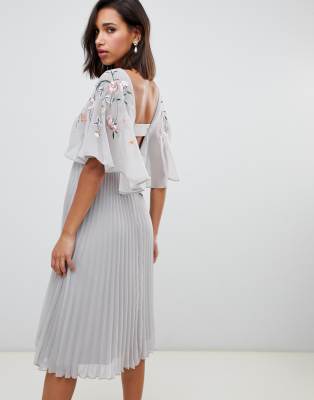 asos design flutter sleeve midi dress with pleated skirt