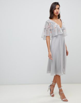 asos design flutter sleeve midi dress with pleated skirt