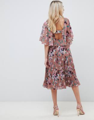 asos design flutter sleeve midi dress with pleated skirt