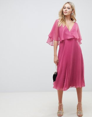 asos design flutter sleeve midi dress with pleated skirt