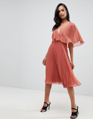 asos design flutter sleeve midi dress with pleated skirt