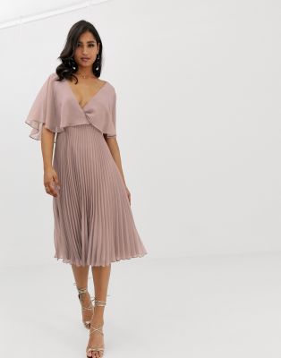 asos design flutter sleeve midi dress with pleated skirt