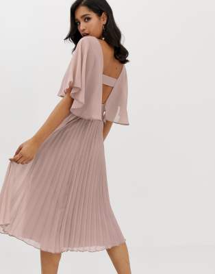 asos design flutter sleeve midi dress with pleated skirt
