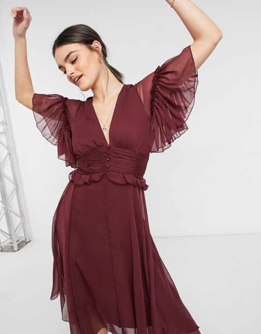 ASOS DESIGN Maternity flutter sleeve midi dress with pleated waist and  button detail