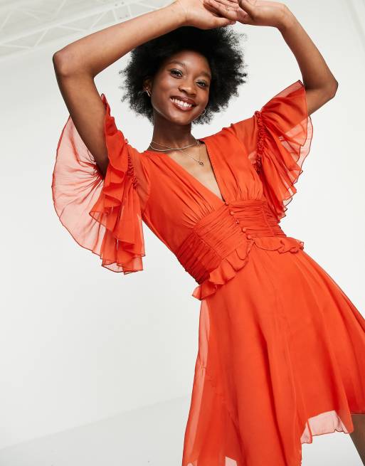 ASOS DESIGN flutter sleeve midi dress with pleated waist and button detail in rust