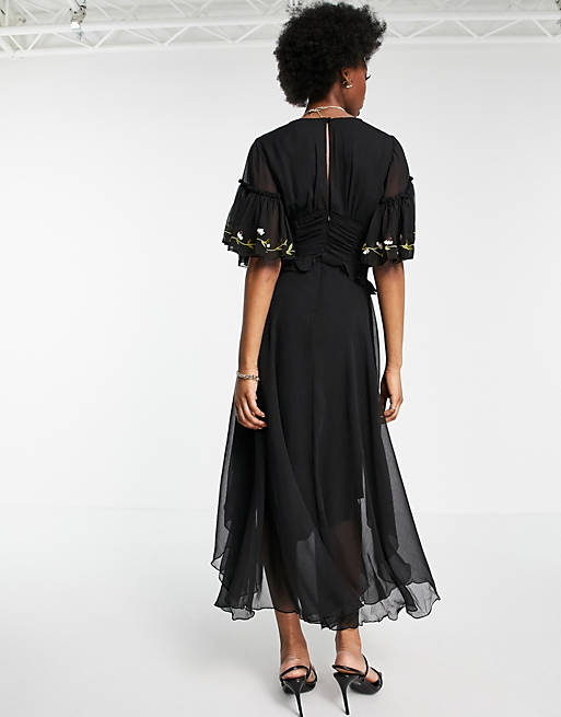  flutter sleeve midi dress with pleated waist and floral embrodiery 