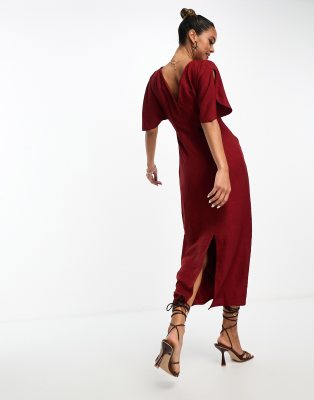 ASOS DESIGN flutter sleeve midi dress with ruching detail in red