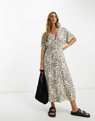 Asos Design Flutter Sleeve Midi Tea Dress With Buttons In Leopard Print-multi