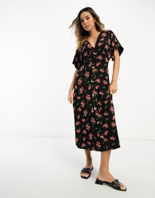 Asos Design Flutter Sleeve Midi Tea Dress With Buttons In Black Floral Print-multi