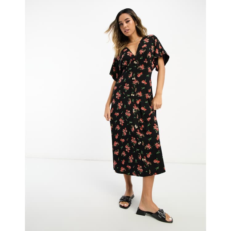 Black floral shop midi tea dress