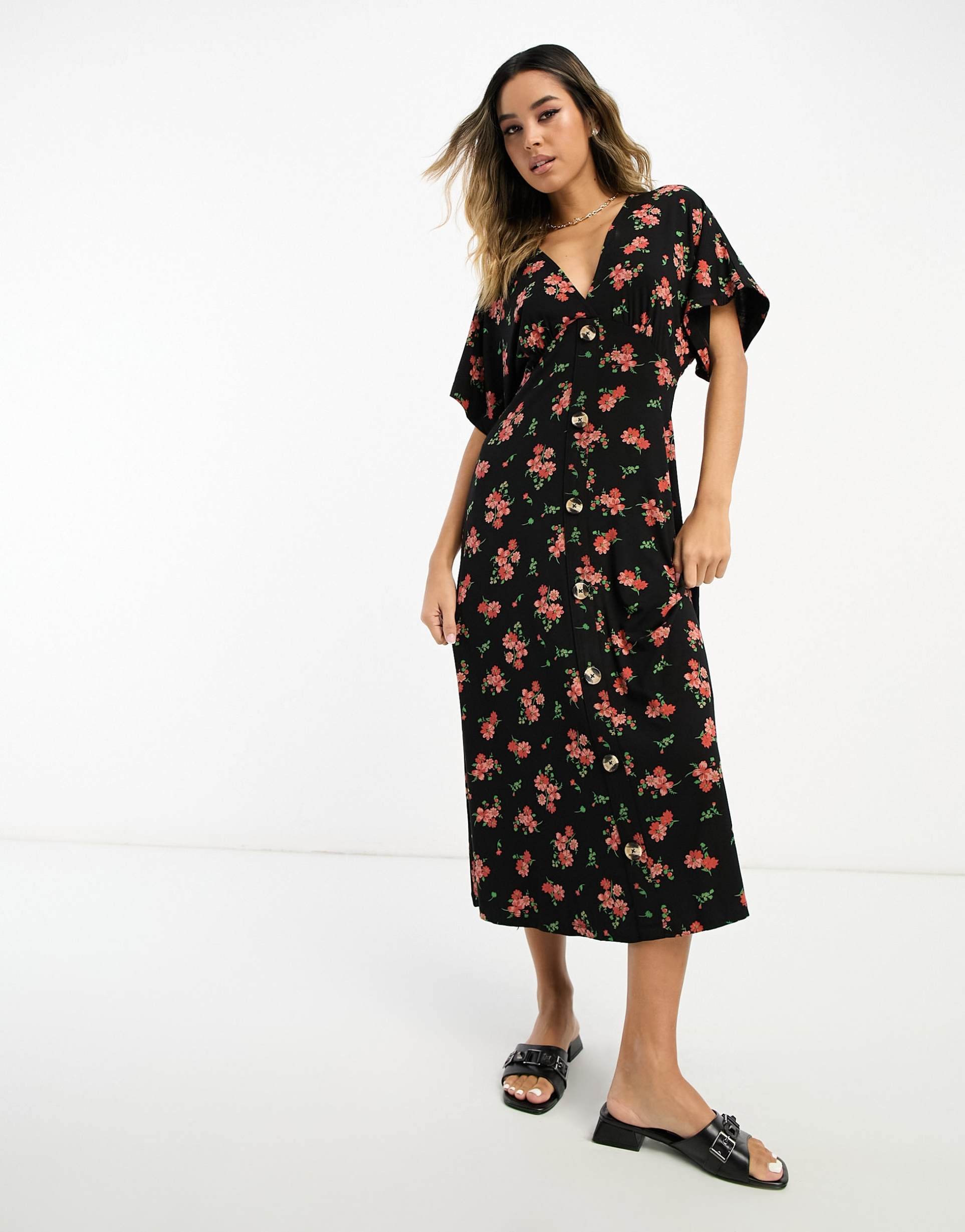 asos design flutter sleeve midi tea dress with buttons in black floral print