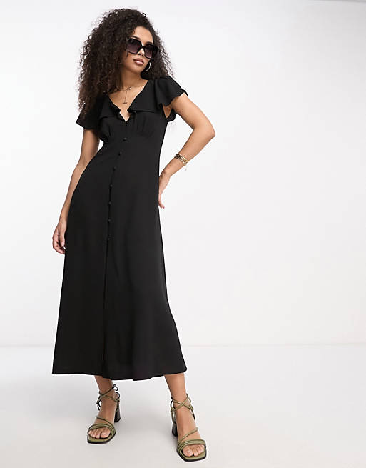 ASOS DESIGN flutter sleeve midi tea dress with buttons in black | ASOS