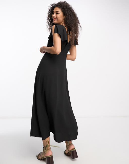 ASOS DESIGN flutter sleeve midi tea dress with buttons in black ASOS