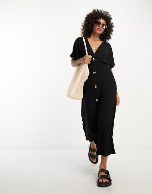 ASOS DESIGN FLUTTER SLEEVE MIDI TEA DRESS WITH BUTTONS IN BLACK