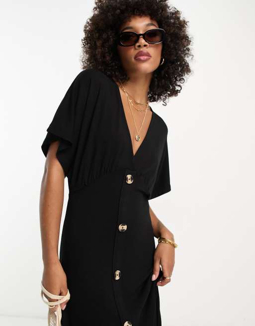 ASOS DESIGN flutter sleeve midi tea dress with buttons in black, 2 of 4