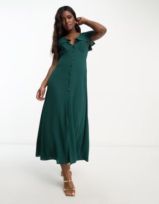 Asos Design Flutter Sleeve Midi Tea Dress With Buttons In Bottle Green