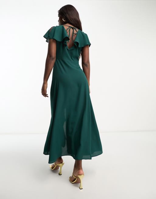 ASOS DESIGN flutter sleeve midi tea dress with buttons in bottle green ASOS