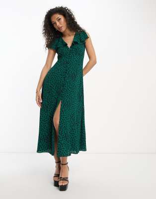 Asos Design Flutter Sleeve Midi Tea Dress With Buttons