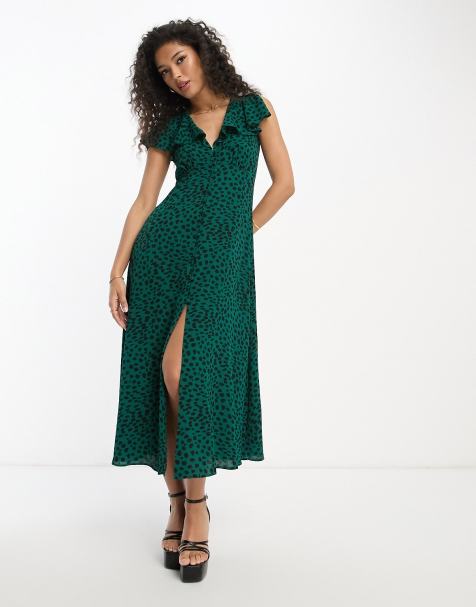 ASOS DESIGN flutter sleeve midi tea dress with buttons in green animal print - view 1