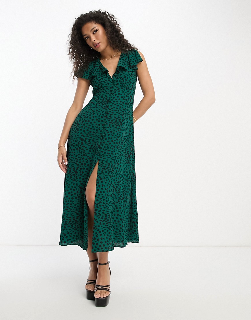 ASOS DESIGN flutter sleeve midi tea dress with buttons in green animal print-Multi