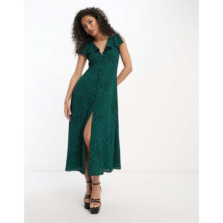 ASOS DESIGN flutter sleeve midi tea dress with buttons in green 