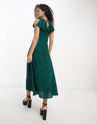 ASOS DESIGN flutter sleeve midi tea dress with buttons in green