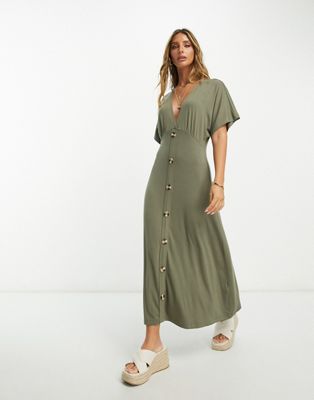ASOS DESIGN flutter sleeve midi tea dress with buttons in khaki | ASOS