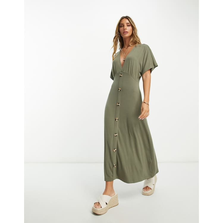 ASOS DESIGN flutter sleeve midi tea dress with buttons in khaki