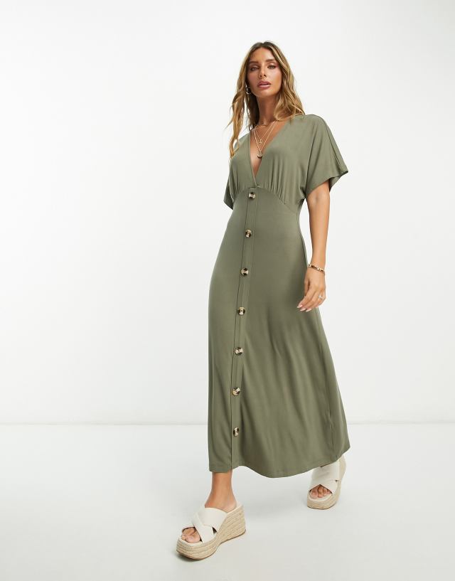 ASOS DESIGN flutter sleeve midi tea dress with buttons in khaki