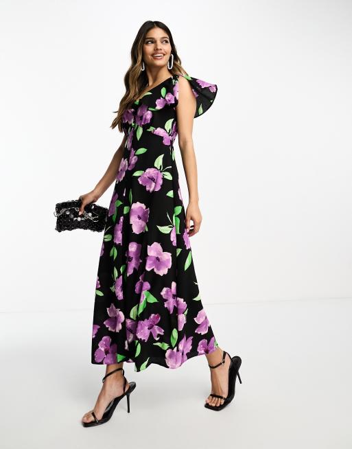 ASOS DESIGN flutter sleeve midi tea dress with buttons in large purple floral print ASOS