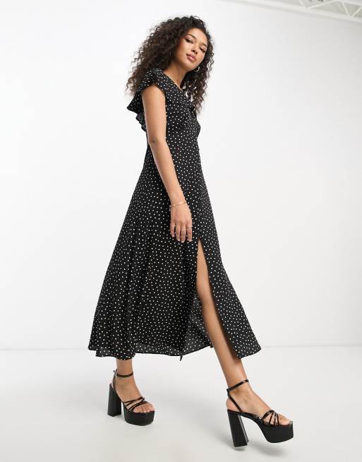 ASOS DESIGN flutter sleeve midi tea dress with buttons in mono spot