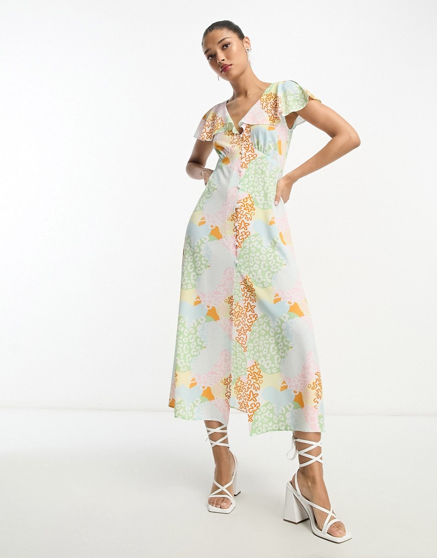 ASOS DESIGN flutter sleeve midi tea dress with buttons in multicoloured print