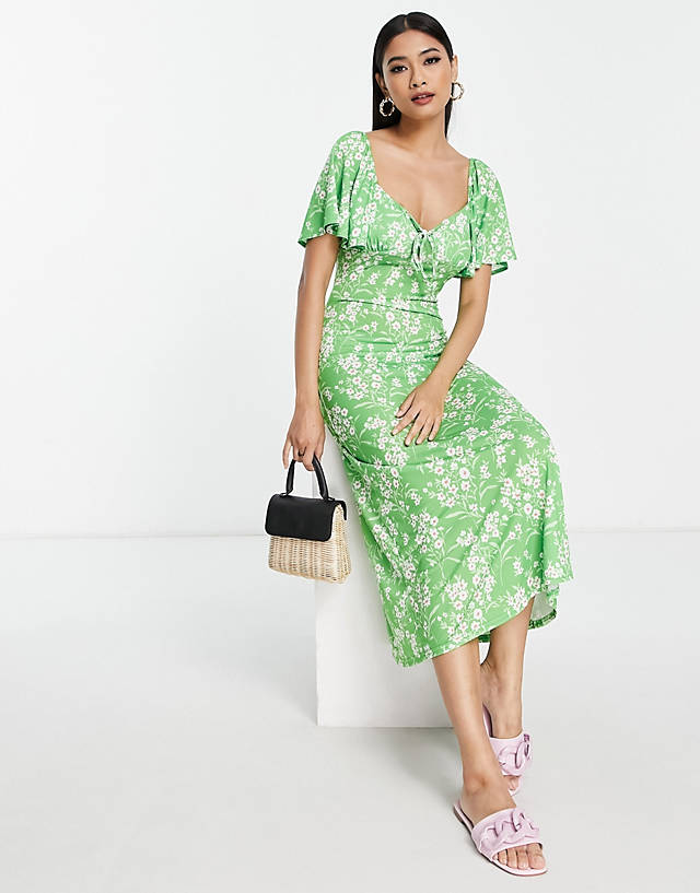 ASOS DESIGN flutter sleeve midi tea dress with tie detail in green floral