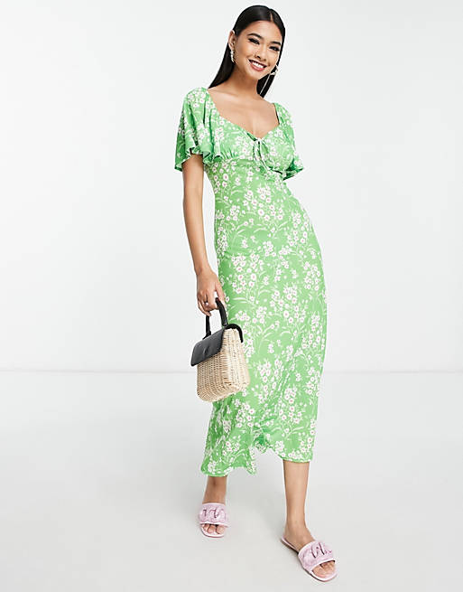 ASOS DESIGN flutter sleeve midi tea dress with tie detail in green floral