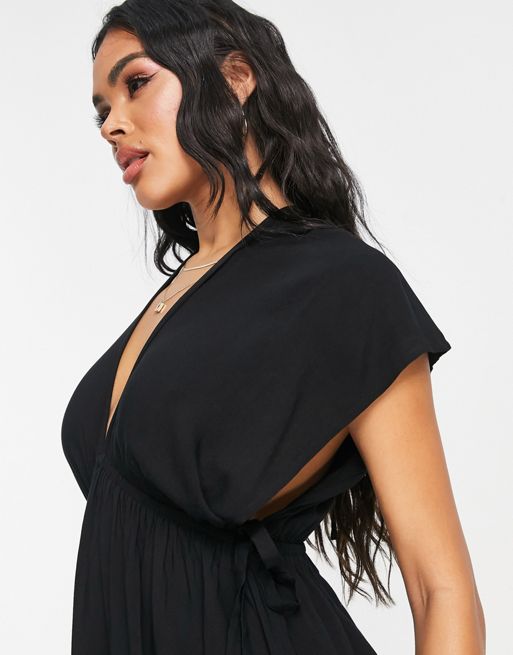 ASOS DESIGN flutter sleeve maxi beach dress in black