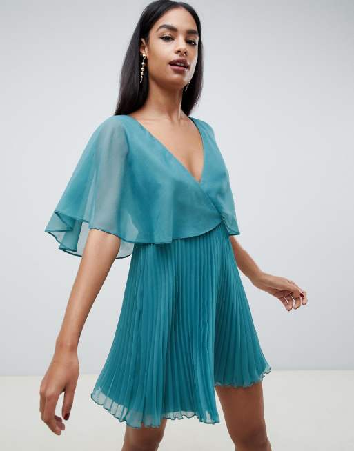 Amalfi Coast Light Blue Pleated Flutter Sleeve Mini Dress