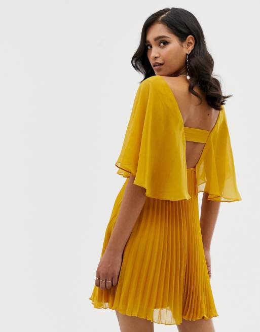 Ruffle sleeve pleated outlet skirt dress - yellow