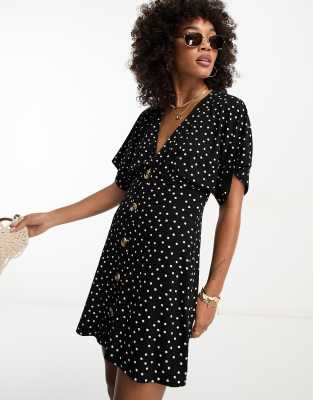 ASOS DESIGN flutter sleeve mini tea dress with buttons in mono spot