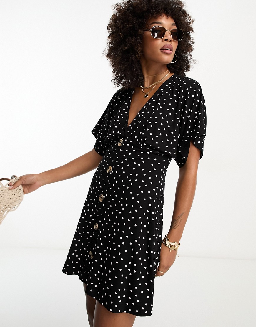 ASOS DESIGN flutter sleeve mini tea dress with buttons in mono spot-Multi