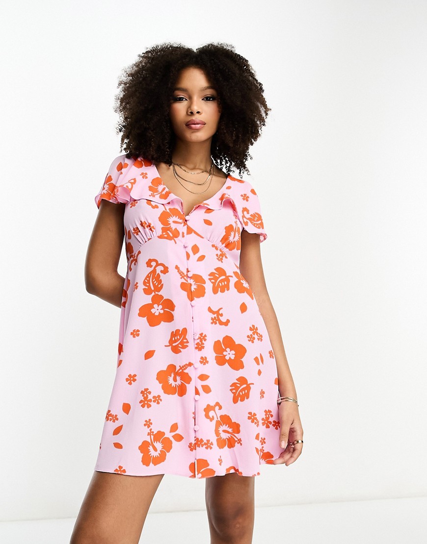 ASOS DESIGN flutter sleeve mini tea dress with buttons in pink and red floral print-Multi
