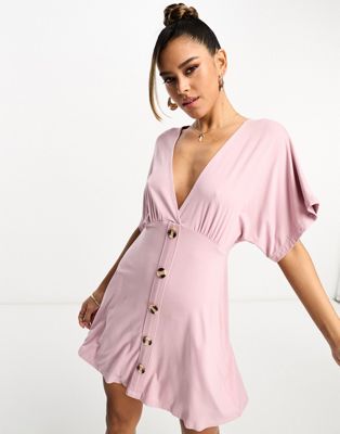 ASOS DESIGN flutter sleeve mini tea dress with buttons in rose pink | ASOS