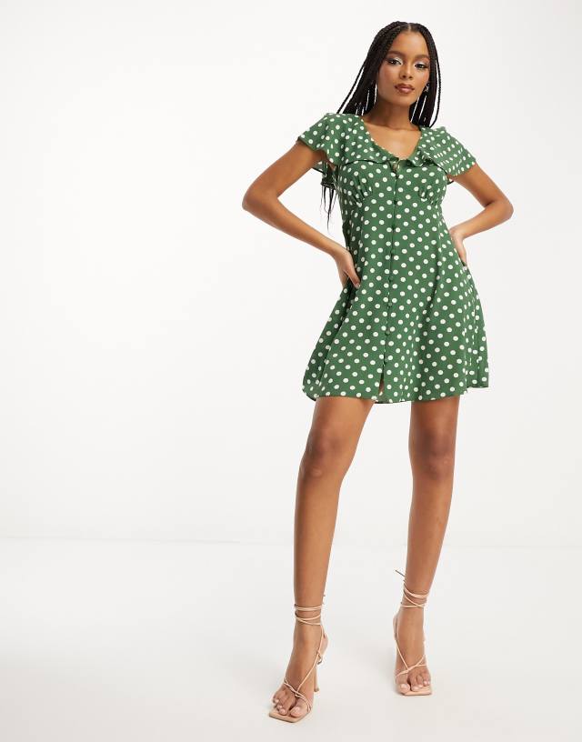 ASOS DESIGN flutter sleeve mini tea dress with buttons in sage spot