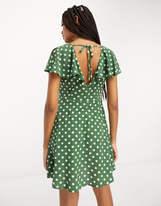 ASOS DESIGN flutter sleeve mini tea dress with buttons in sage spot